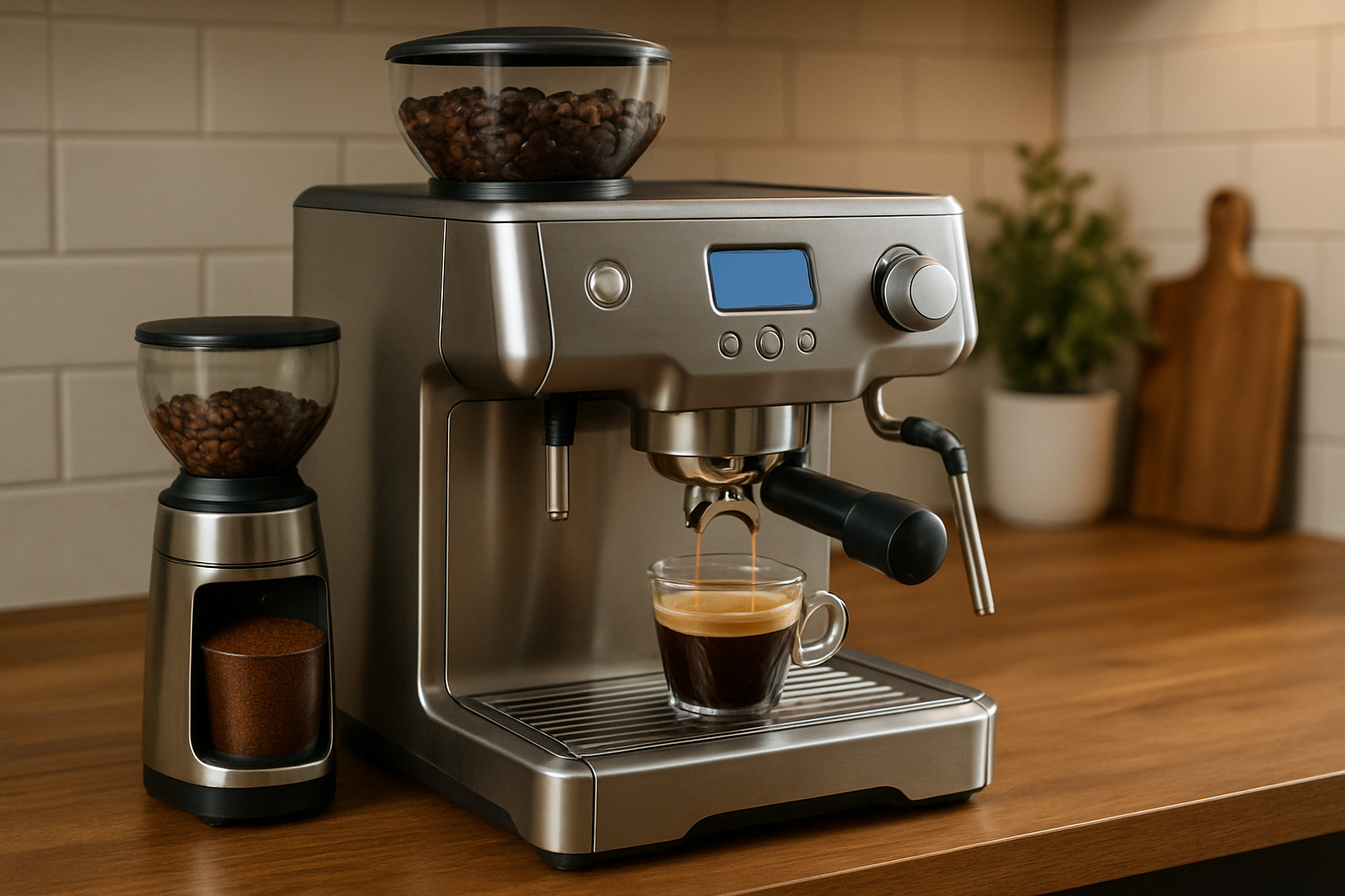 Moderne Siebträgermaschine mit integriertem Mahlwerk auf Küchenarbeitsplatte mit frischen Kaffeebohnen